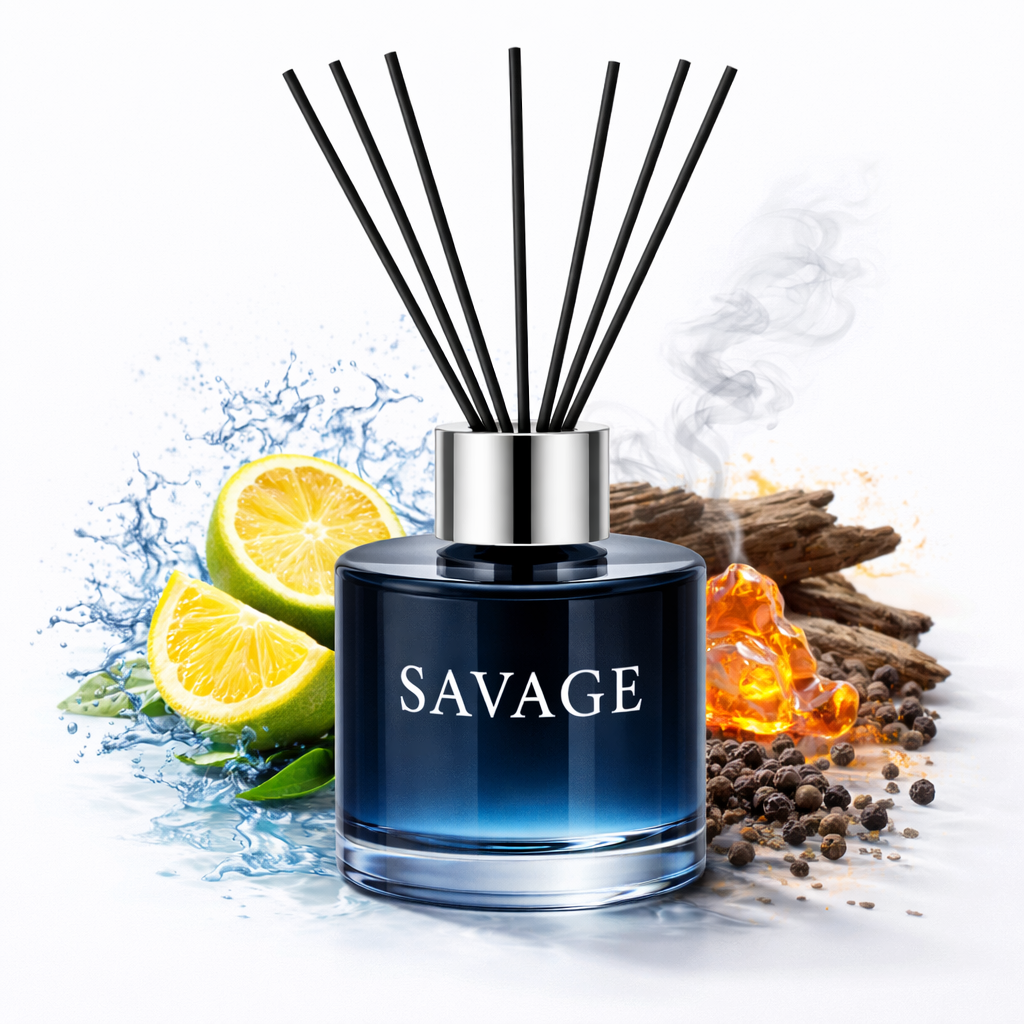 Savage diffuser with lemons, cinnamon sticks, and spices on a white background