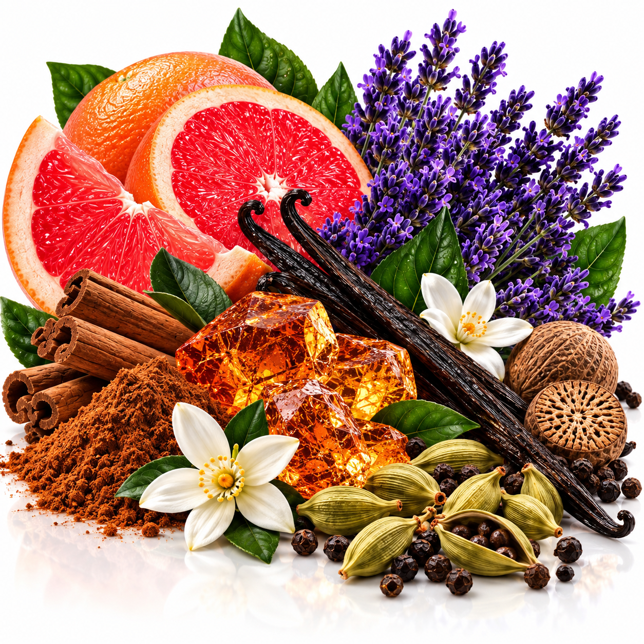 A styled botanical arrangement of whole and sliced grapefruit, purple lavender flowers, cinnamon sticks, vanilla beans, amber resin blocks, white flowers, green cardamom pods, and dark peppercorns on a white background.