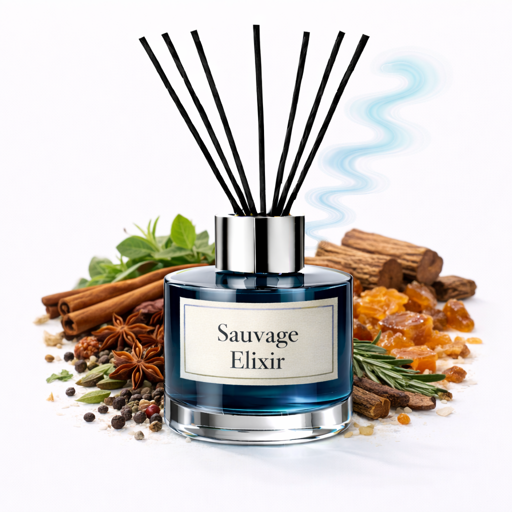 Sauvage Elixir diffuser with aromatic elements on a white background