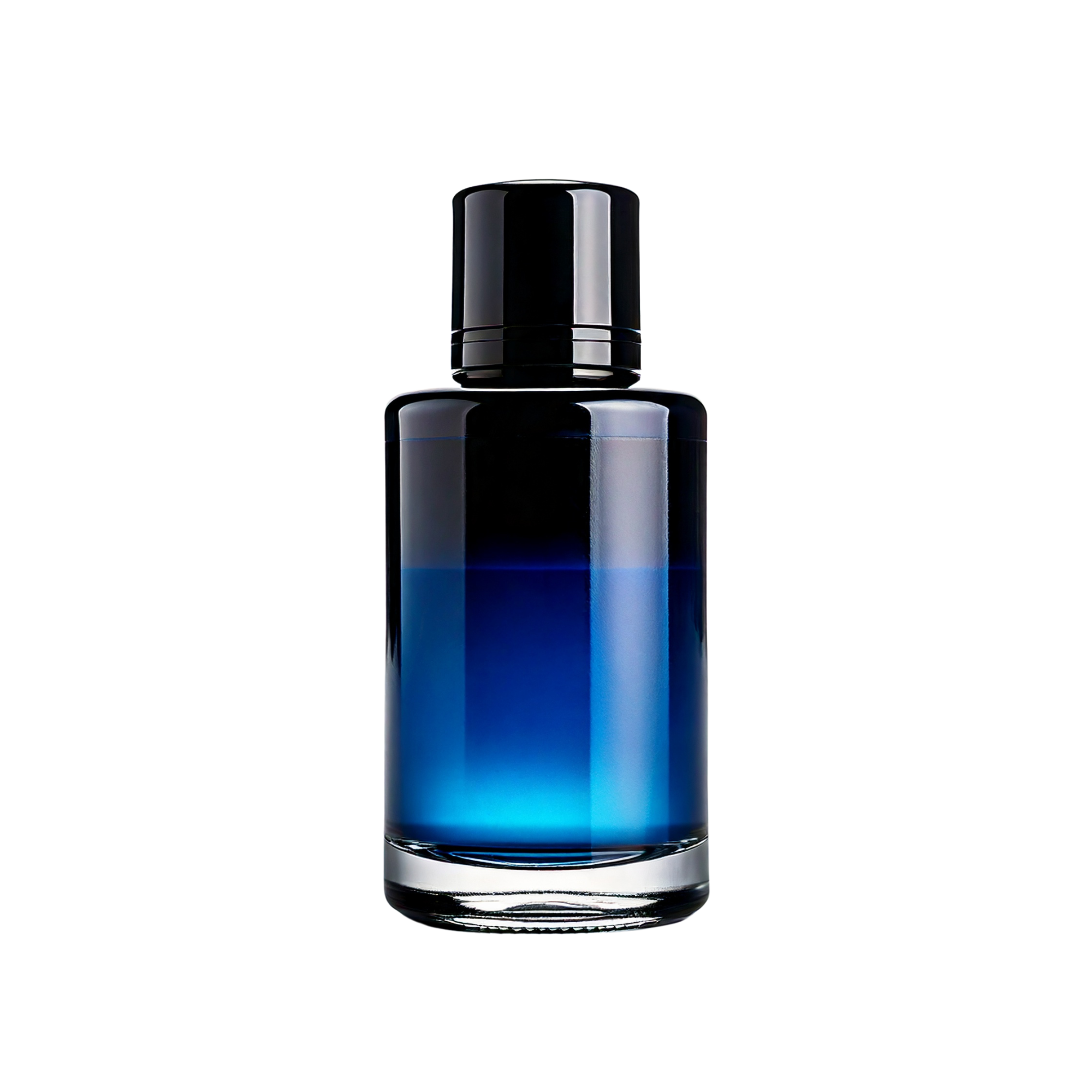 Cylindrical glass perfume bottle with a black cap and a deep blue gradient liquid, shown upright on a light background.