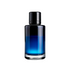 Cylindrical glass perfume bottle with a black cap and a deep blue gradient liquid, shown upright on a light background.