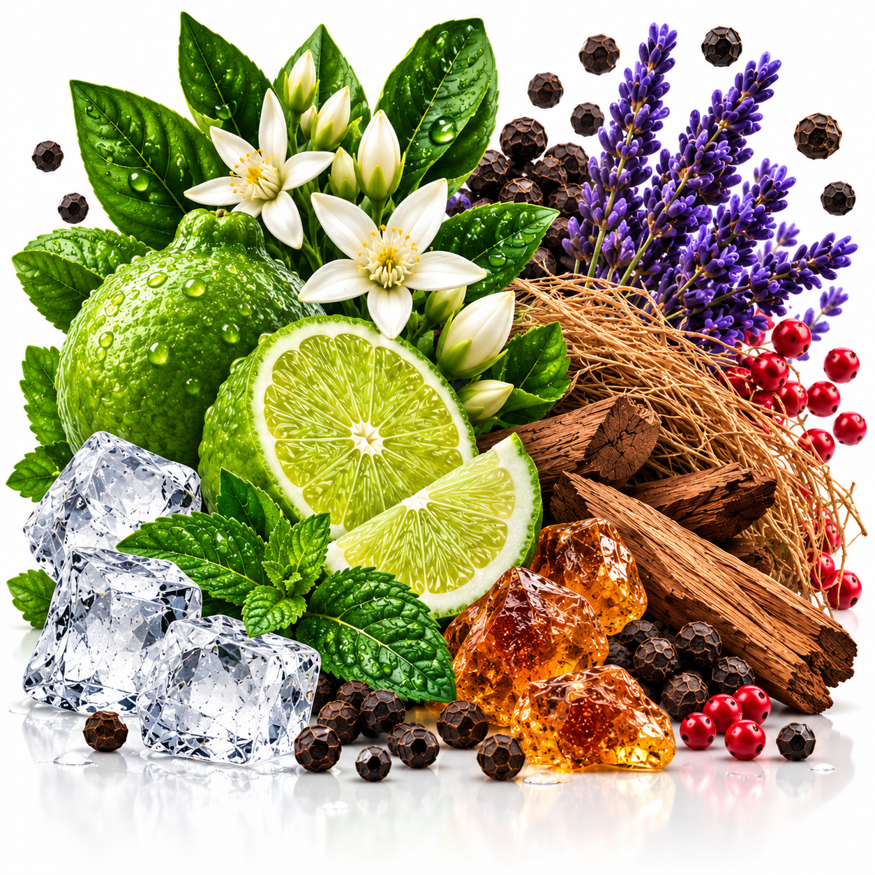 A styled botanical still life featuring green limes, a sliced lime wedge, mint leaves, purple lavender stems, white flowers, clear ice cubes, amber honey crystals, and dark brown bark on a white background.