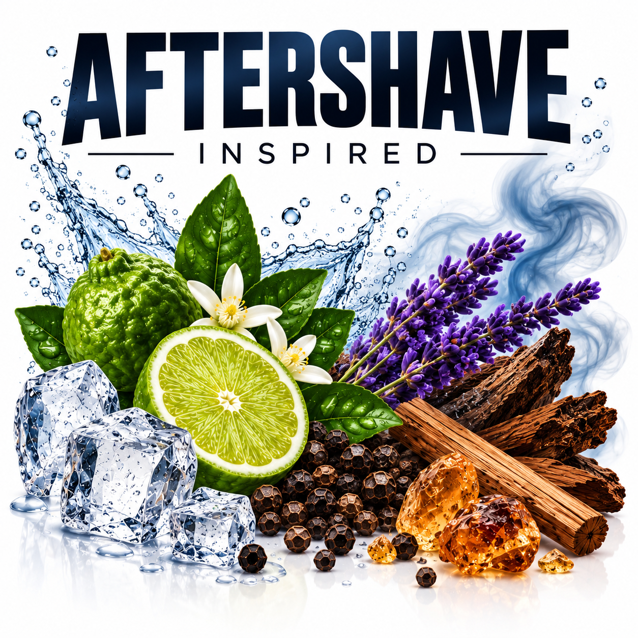 A stylized graphic with the words “AFTERSHAVE INSPIRED” above a collage of citrus, flowers, wood, ice, and spices on a white background.