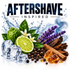 A stylized graphic with the words “AFTERSHAVE INSPIRED” above a collage of citrus, flowers, wood, ice, and spices on a white background.