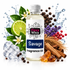 A bottle of Fizzy Whiz Savage Fragrance Oil centered on a white background, surrounded by scent ingredients including a lime slice, green leaves, white flowers, purple lavender, red berries, cinnamon sticks, black peppercorns, ice cubes, and amber pieces. Water splash graphics appear behind the bottle.
