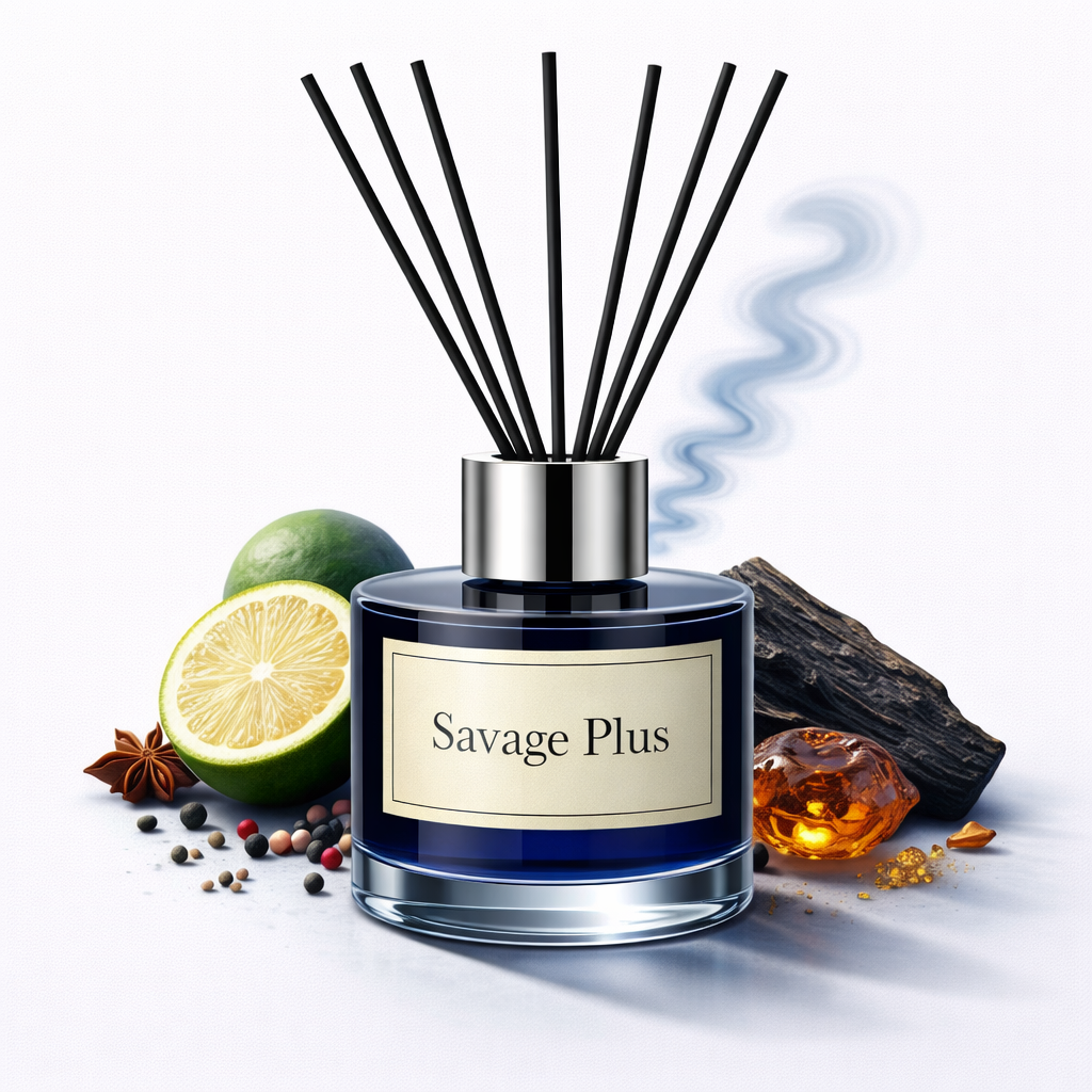 Scented diffuser labeled 'Savage Plus' with decorative elements on a white background