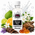 A bottle of Fizzy Whiz Savage Plus Fragrance Oil surrounded by its scent ingredients, including a green kumquat, lime, orange, jasmine flowers, cinnamon bark, and amber crystals, on a white background with a water splash graphic.