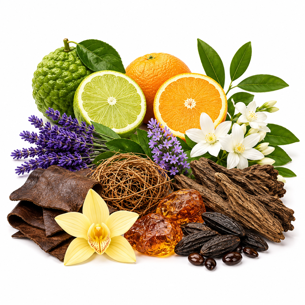 A styled botanical arrangement of natural ingredients on a white background, including a whole and sliced lime, a whole orange, a cut orange, white flowers, purple lavender sprigs, yellow orchid petals, brown bark pieces, amber-colored gel balls, dark brown seeds, and a woven brown fiber ball.