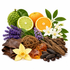 A styled botanical arrangement of natural ingredients on a white background, including a whole and sliced lime, a whole orange, a cut orange, white flowers, purple lavender sprigs, yellow orchid petals, brown bark pieces, amber-colored gel balls, dark brown seeds, and a woven brown fiber ball.