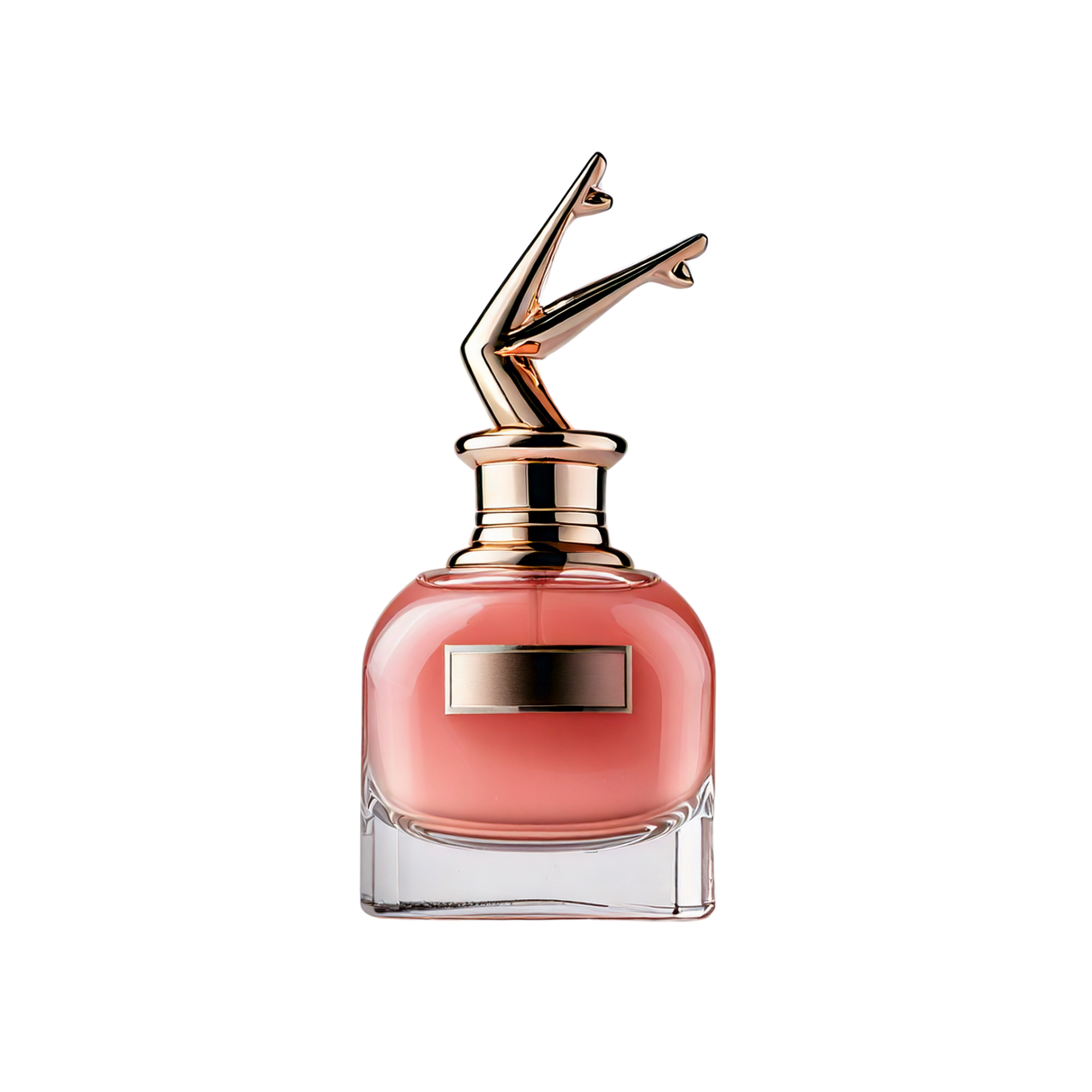 Pink perfume bottle with legs sticking out of lid