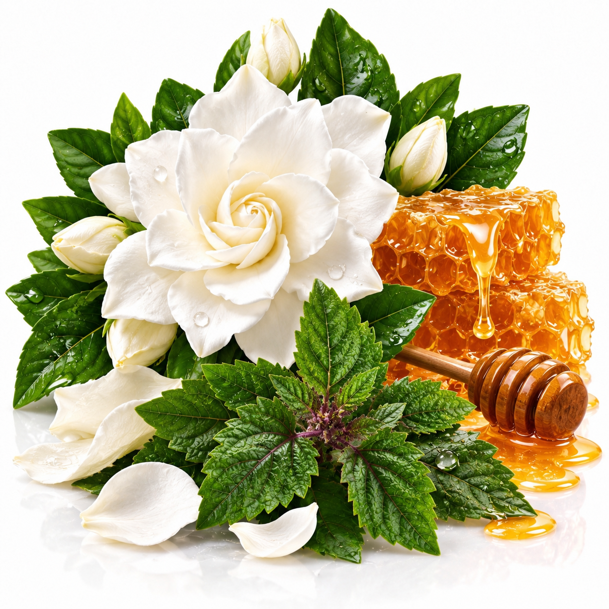 A white gardenia flower with green leaves, honeycomb blocks dripping golden honey, a wooden honey dipper, and scattered white petals on a clean white background.