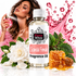 A bottle of Fizzy Whiz 'Scandal Female' fragrance oil is centered, surrounded by visual cues of its scent notes: white flowers, green leaves, honeycomb, and honey. A woman holding a pink perfume bottle is visible in the background against a pink liquid splash graphic.
