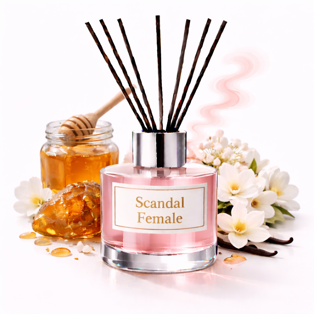 Scandal Female Reed Diffuser Oil with honey, flowers and vanilla pods on a white background