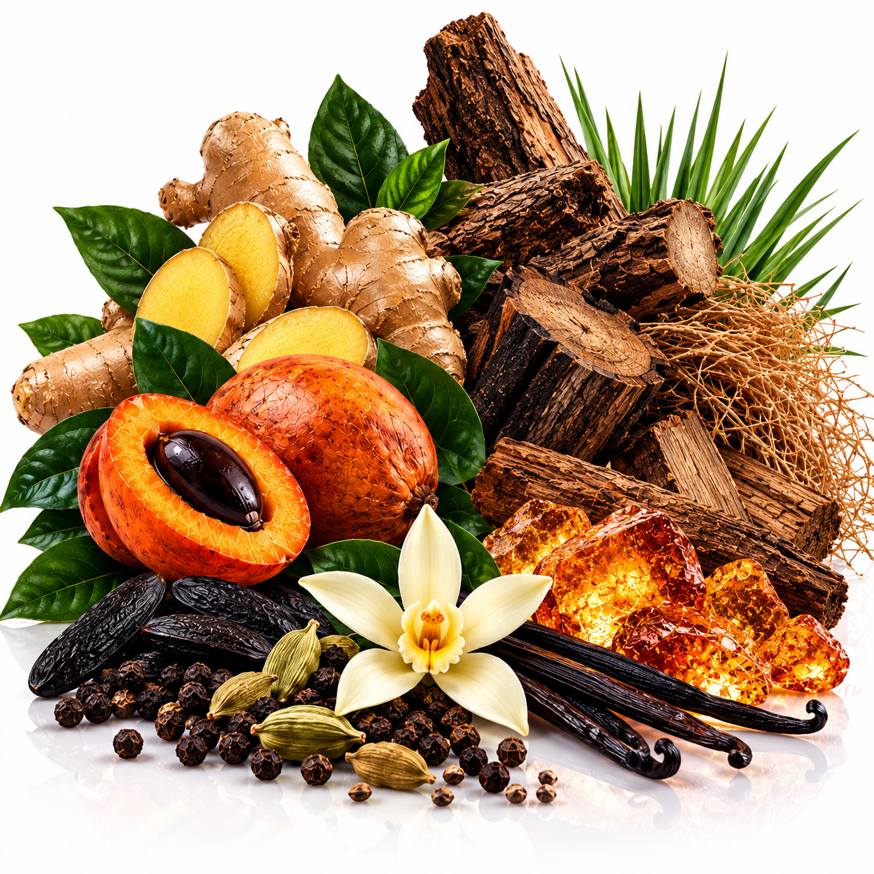 A styled botanical arrangement of natural ingredients on a white background, including ginger roots, a sliced orange-brown fruit with a dark pit, dark wood logs, green leaves, vanilla beans, cardamom pods, peppercorns, and a white flower.