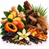 A styled botanical arrangement of natural ingredients on a white background, including ginger roots, a sliced orange-brown fruit with a dark pit, dark wood logs, green leaves, vanilla beans, cardamom pods, peppercorns, and a white flower.