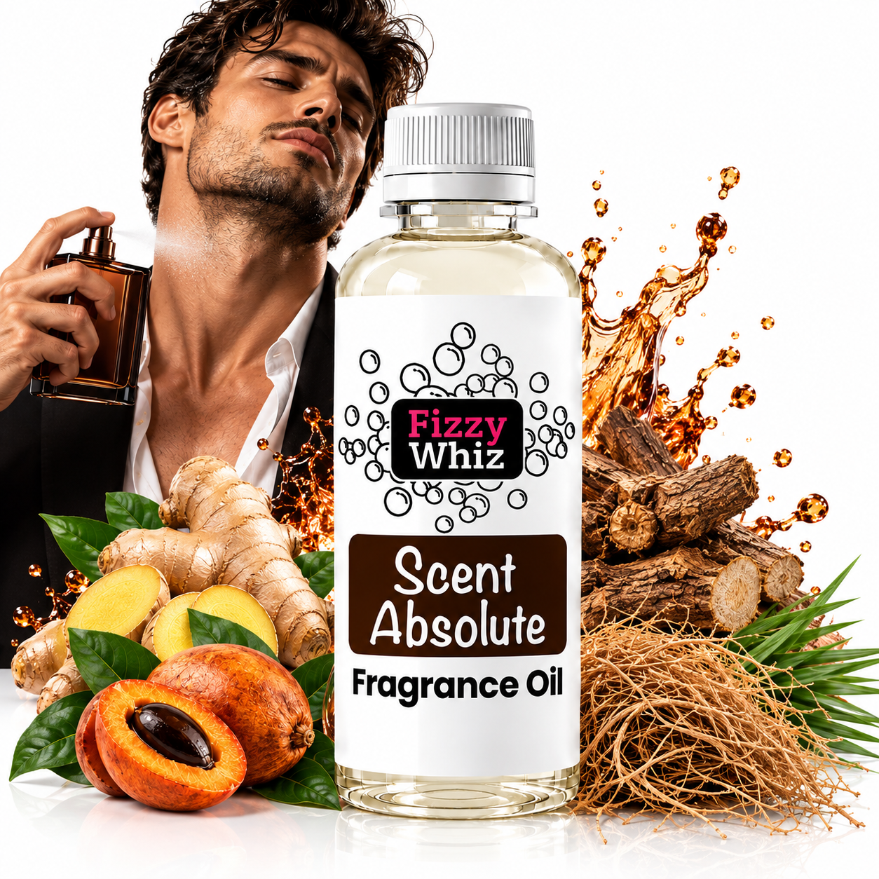 A bottle of Fizzy Whiz Scent Absolute Fragrance Oil centered in the foreground, with a man holding a perfume spray in the background, plus ginger, fruit, roots, and liquid splash graphics around it on a white studio background.