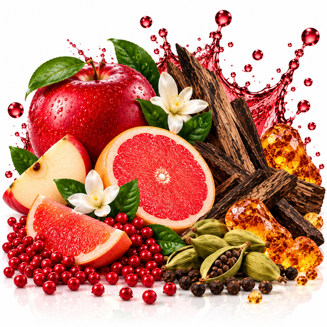 A stylized fruit and spice arrangement on a white background, featuring a red apple, sliced grapefruit, cranberry berries, green cardamom pods, dark brown bark pieces, amber-like resin chunks, and small white flowers.