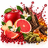 A stylized fruit and spice arrangement on a white background, featuring a red apple, sliced grapefruit, cranberry berries, green cardamom pods, dark brown bark pieces, amber-like resin chunks, and small white flowers.