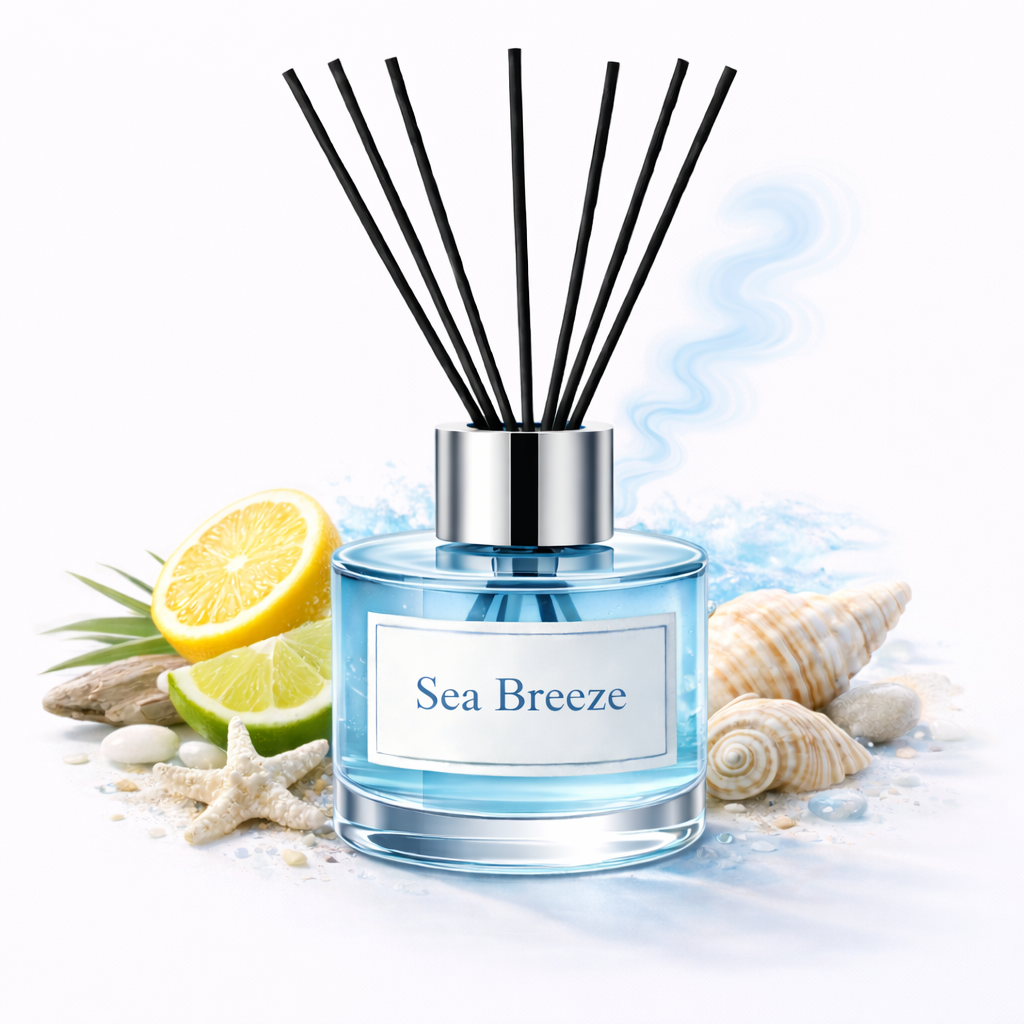 Diffuser bottle labeled 'Sea Breeze' with black sticks, lemon, lime, and shells on a light background