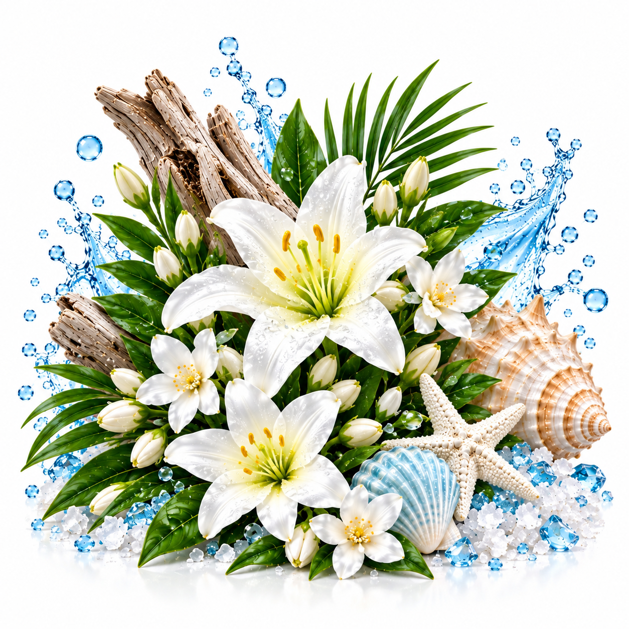 A decorative floral arrangement featuring white lilies, green palm leaves, driftwood, seashells, a starfish, and blue water-drop graphics on a white background.