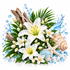 A decorative floral arrangement featuring white lilies, green palm leaves, driftwood, seashells, a starfish, and blue water-drop graphics on a white background.