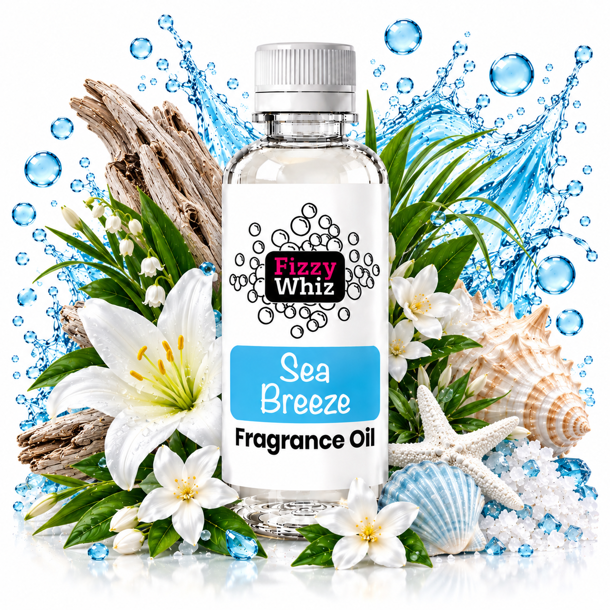 A bottle of Fizzy Whiz Sea Breeze Fragrance Oil centered against a white background with decorative tropical and ocean-themed props including blue water splashes, green leaves, white lilies, driftwood, seashells, and a starfish.
