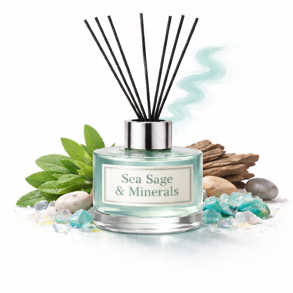 Diffuser bottle labeled 'Sea Sage & Minerals' with decorative elements on a white background