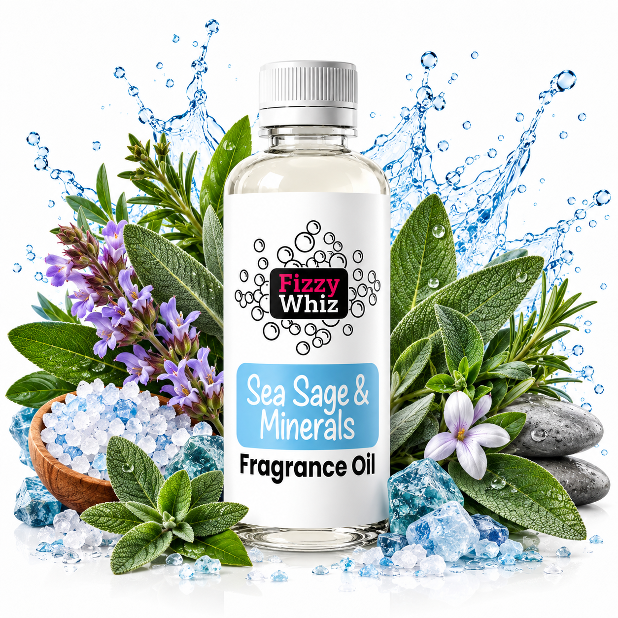 A bottle of Fizzy Whiz Sea Sage & Minerals Fragrance Oil centered on a white background, surrounded by sea sage leaves, purple flowers, blue fragrance crystals, green herbs, and stones. Water splash graphics appear behind the bottle.