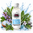 A bottle of Fizzy Whiz Sea Sage & Minerals Fragrance Oil centered on a white background, surrounded by sea sage leaves, purple flowers, blue fragrance crystals, green herbs, and stones. Water splash graphics appear behind the bottle.