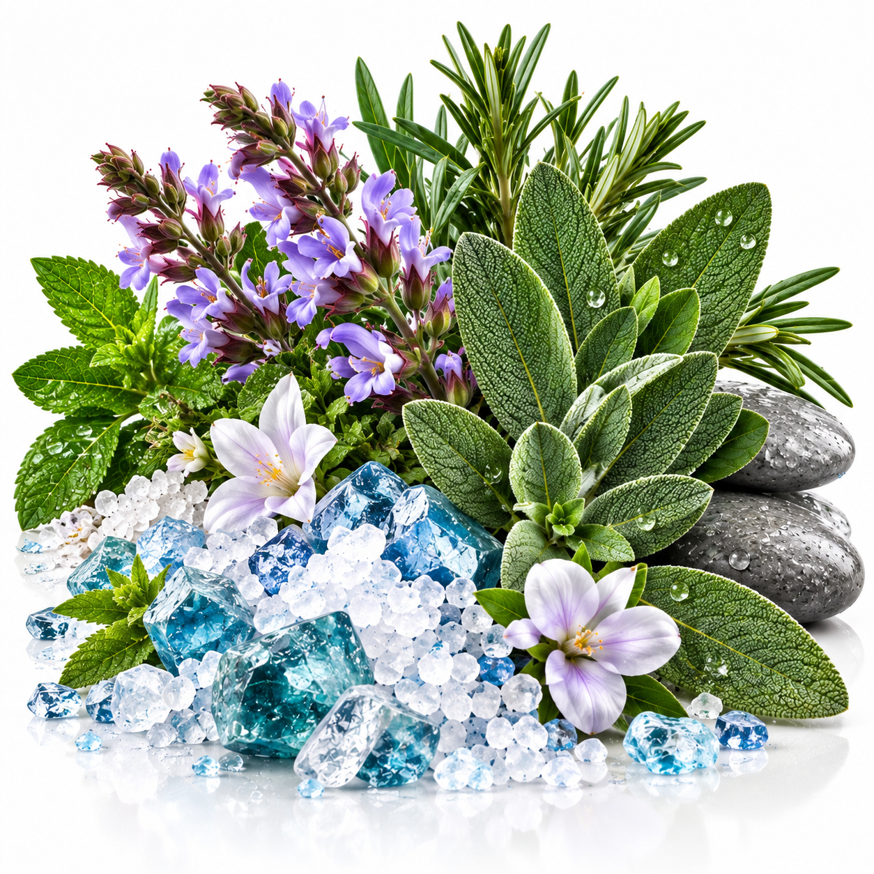 A styled arrangement of green herbs and leaves, purple flowers, blue and clear crystal-like stones, and smooth gray stones on a white background.
