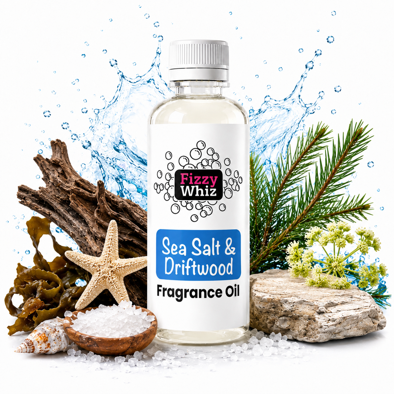 A bottle of Fizzy Whiz Sea Salt & Driftwood Fragrance Oil centered on a white background, surrounded by thematic props including sea salt, a starfish, driftwood, greenery, and water splash graphics.