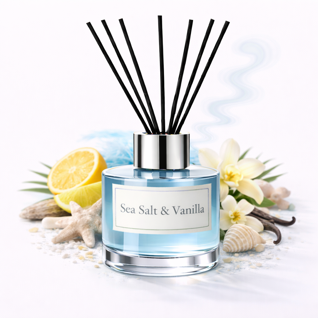 Diffuser bottle labeled 'Sea Salt & Vanilla' with decorative elements on a light background