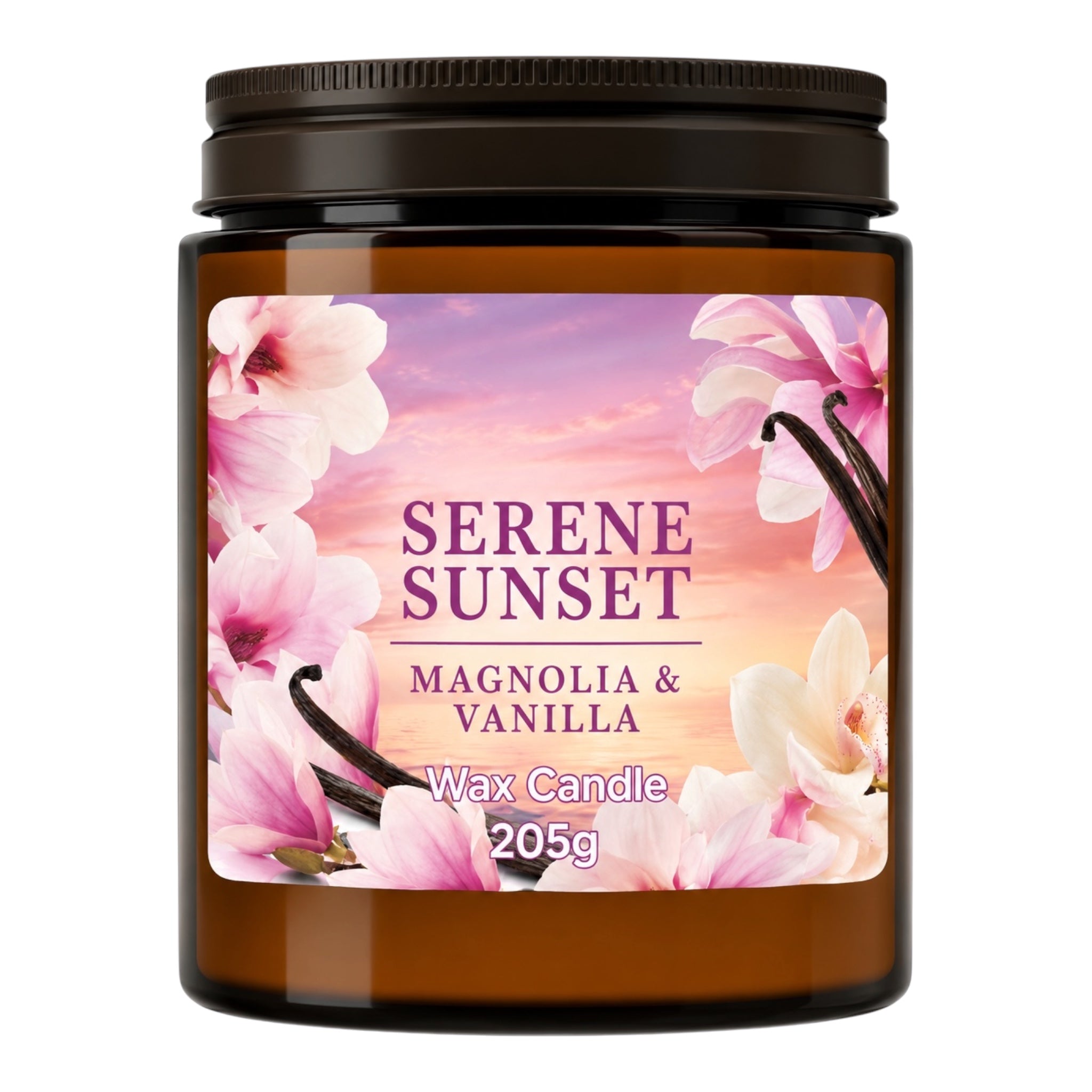 A 205g wax candle in a dark amber glass jar with a black screw-on lid. The front label features pink magnolia flowers and vanilla beans against a sunset sky background, with the text 'SERENE SUNSET', 'MAGNOLIA & VANILLA', and 'Wax Candle 205g'.