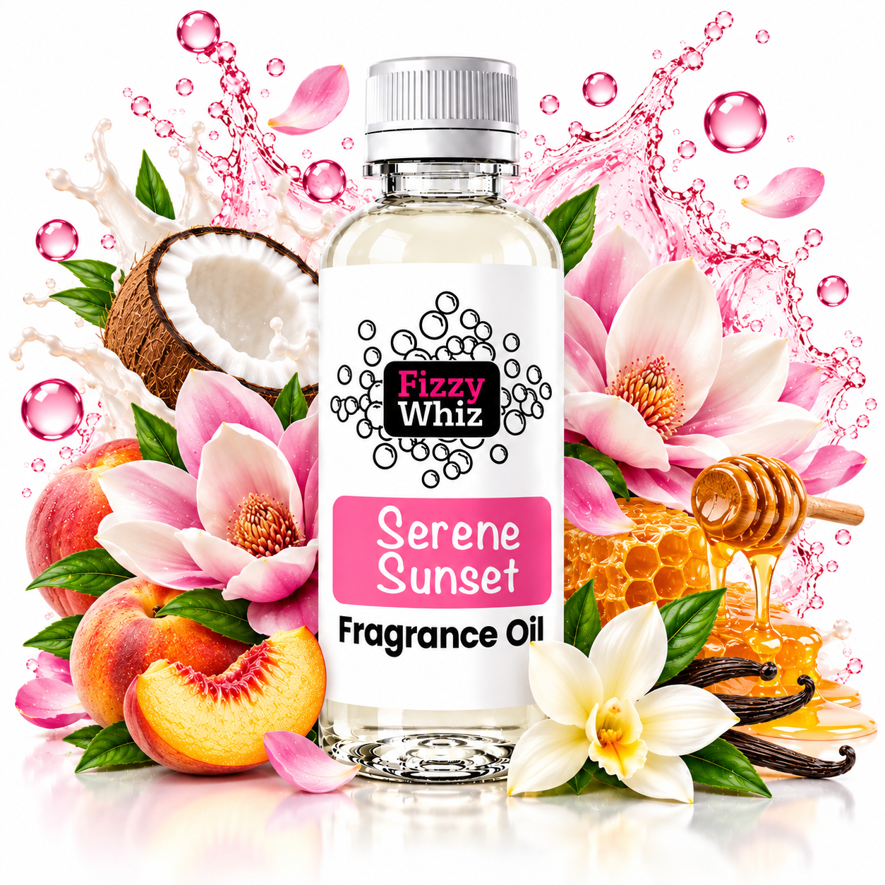 A bottle of Fizzy Whiz Serene Sunset Fragrance Oil centered on a white background, surrounded by decorative fruit, flowers, petals, honeycomb, and splashing pink liquid graphics that represent the scent notes.