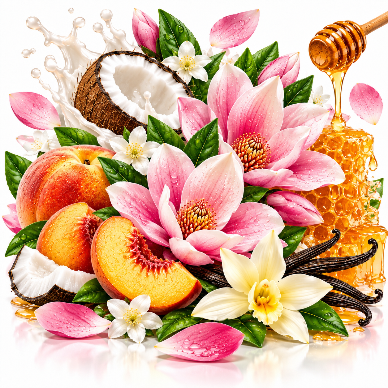 A vibrant digital illustration of a botanical fragrance blend featuring pink magnolia flowers, white vanilla blossoms, pink petals, green leaves, sliced peaches, a halved coconut, vanilla beans, honeycomb, and dripping honey from a wooden dipper, all arranged on a clean white background with a soft reflection.