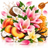 A vibrant digital illustration of a botanical fragrance blend featuring pink magnolia flowers, white vanilla blossoms, pink petals, green leaves, sliced peaches, a halved coconut, vanilla beans, honeycomb, and dripping honey from a wooden dipper, all arranged on a clean white background with a soft reflection.
