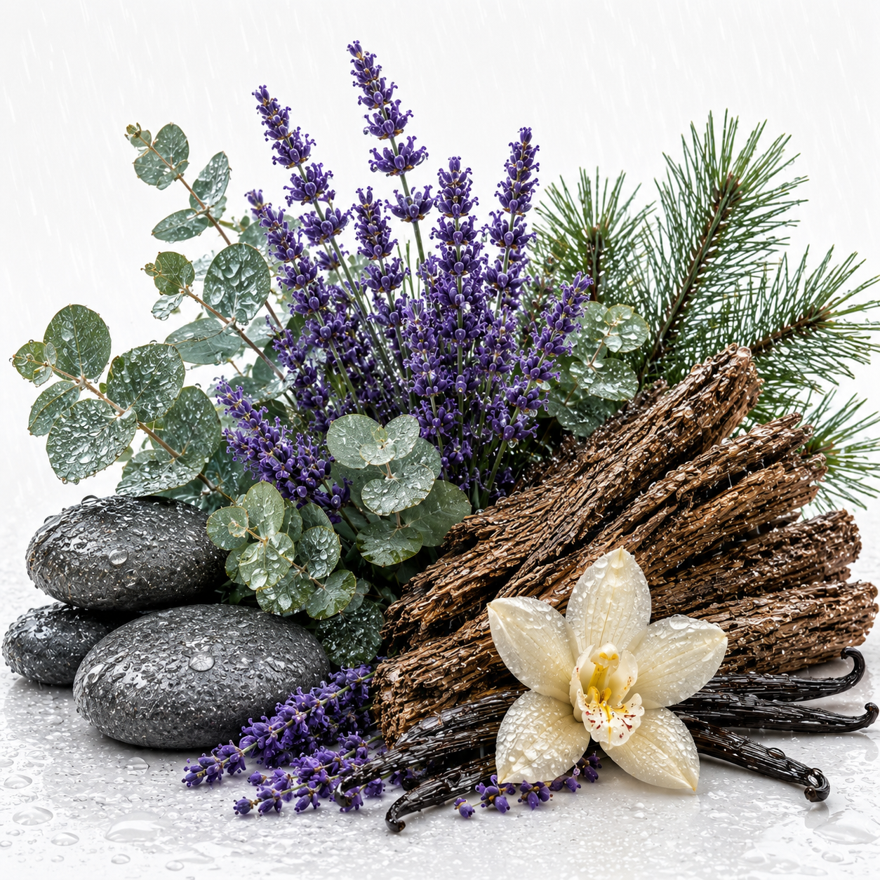 A styled botanical arrangement featuring purple lavender sprigs, green eucalyptus leaves, pine needles, dark brown driftwood logs, smooth gray stones, vanilla beans, and a single cream orchid flower on a white textured background.
