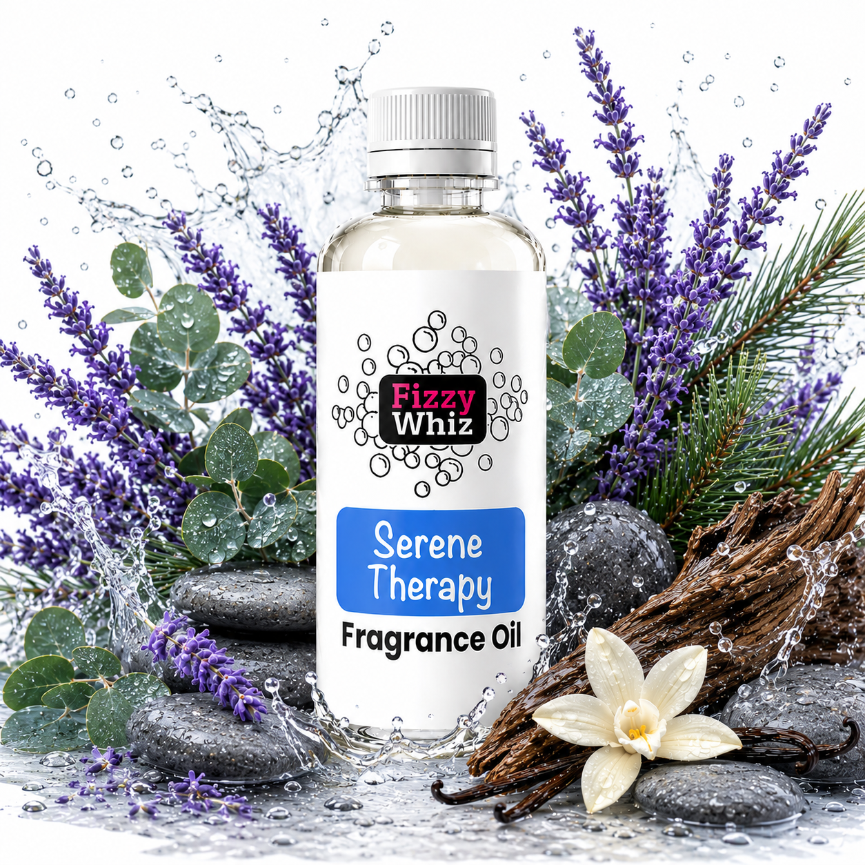 A bottle of Fizzy Whiz Serene Therapy Fragrance Oil centered against a white background, surrounded by lavender sprigs, eucalyptus leaves, wet stones, a vanilla flower, and water splashes to suggest a spa or relaxing scent.