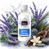 A bottle of Fizzy Whiz Serene Therapy Fragrance Oil centered against a white background, surrounded by lavender sprigs, eucalyptus leaves, wet stones, a vanilla flower, and water splashes to suggest a spa or relaxing scent.