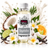 A bottle of Fizzy Whiz Seychelles fragrance oil surrounded by tropical ingredients including sliced coconuts, white plumeria flowers, vanilla beans, limes, and oranges, with a white liquid splash background.