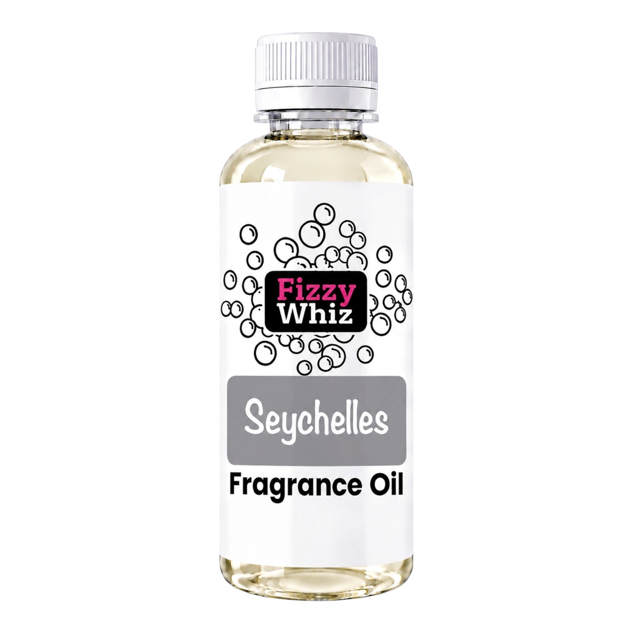 A bottle of Fizzy Whiz Seychelles Fragrance Oil, featuring a white label with black and pink branding, a white cap, and a clear bottle showing the pale yellow liquid inside, set against a plain white background.