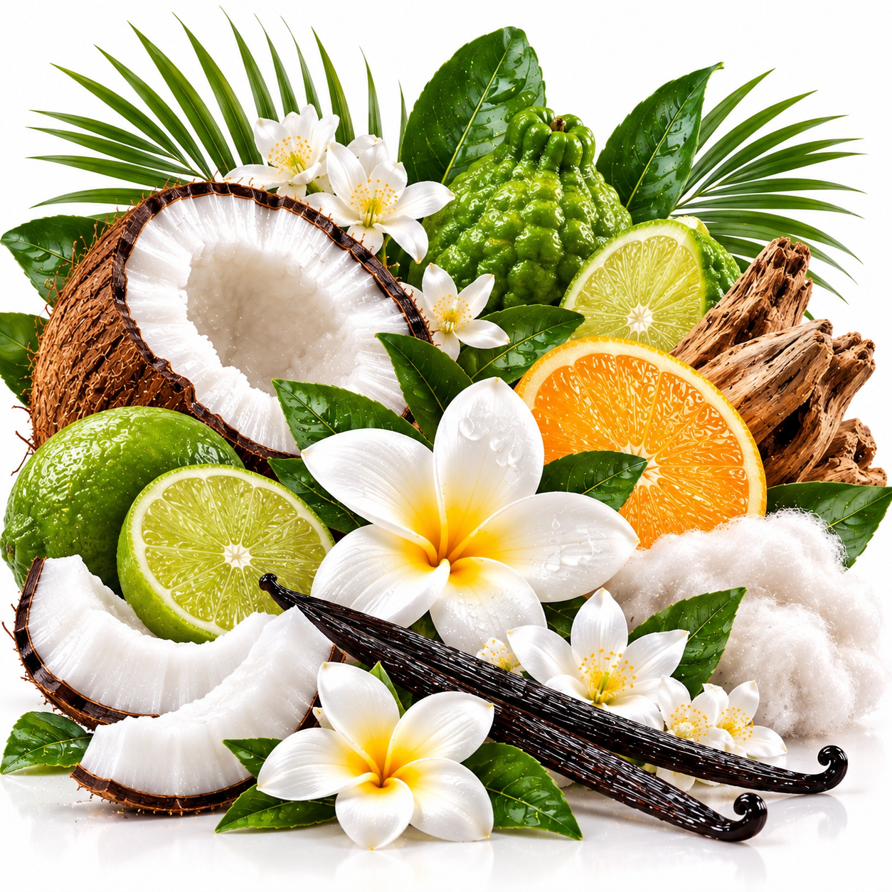 A tropical-themed product arrangement featuring a halved coconut, whole and sliced limes, a orange slice, vanilla beans, white plumeria flowers, green leaves, and white cotton fibers on a clean white background.