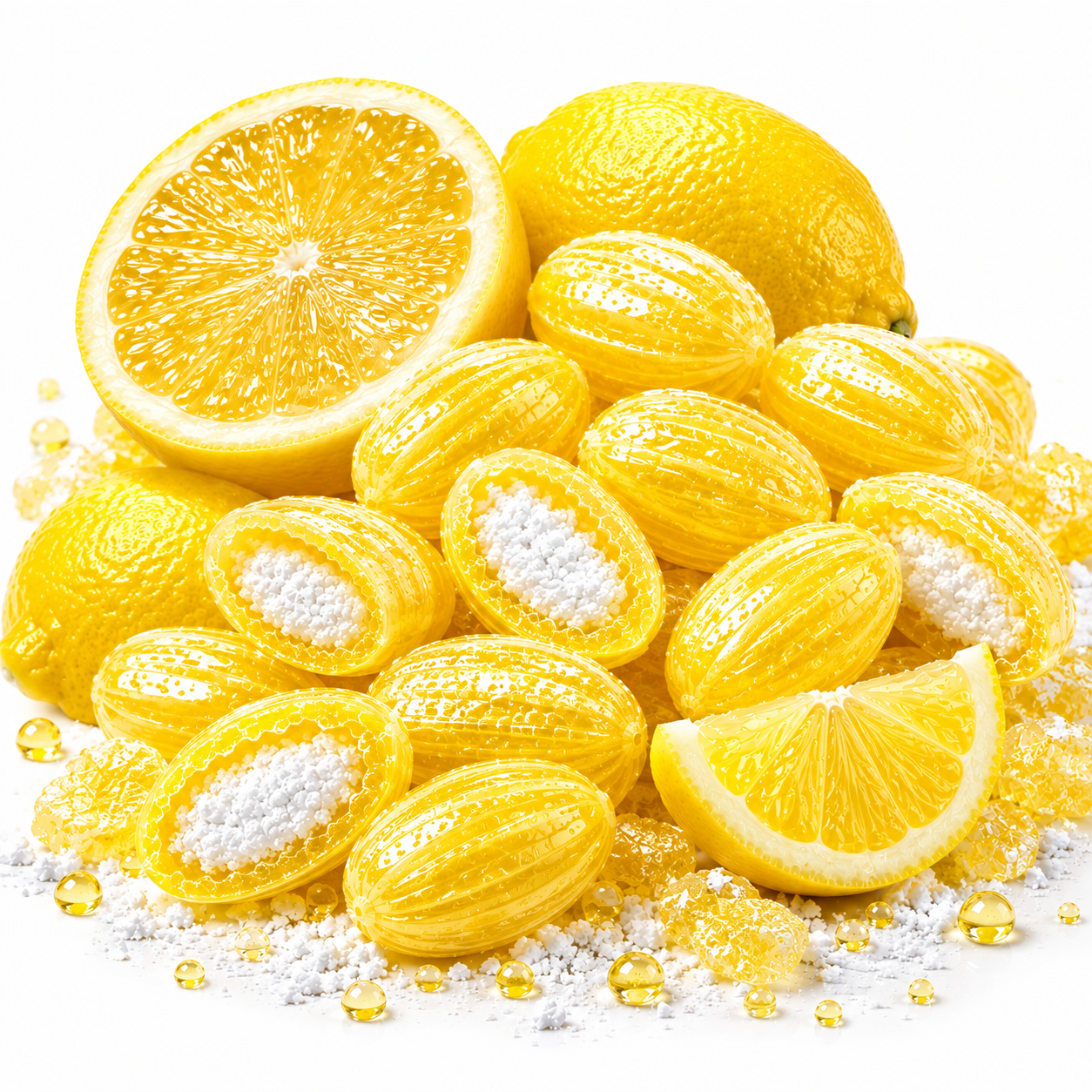 A pile of bright yellow lemon-shaped items with white centers, arranged with sliced lemon wedges and lemon halves on a clean white background.