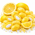 A pile of bright yellow lemon-shaped items with white centers, arranged with sliced lemon wedges and lemon halves on a clean white background.