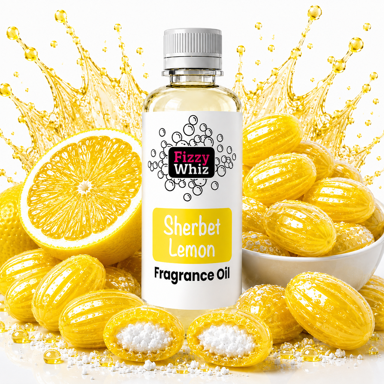 A bottle of Fizzy Whiz Sherbet Lemon Fragrance Oil centered on a white background, surrounded by bright yellow lemon graphics, lemon halves, whole lemon spheres, and a bowl of yellow spheres with white centers.