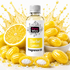 A bottle of Fizzy Whiz Sherbet Lemon Fragrance Oil centered on a white background, surrounded by bright yellow lemon graphics, lemon halves, whole lemon spheres, and a bowl of yellow spheres with white centers.