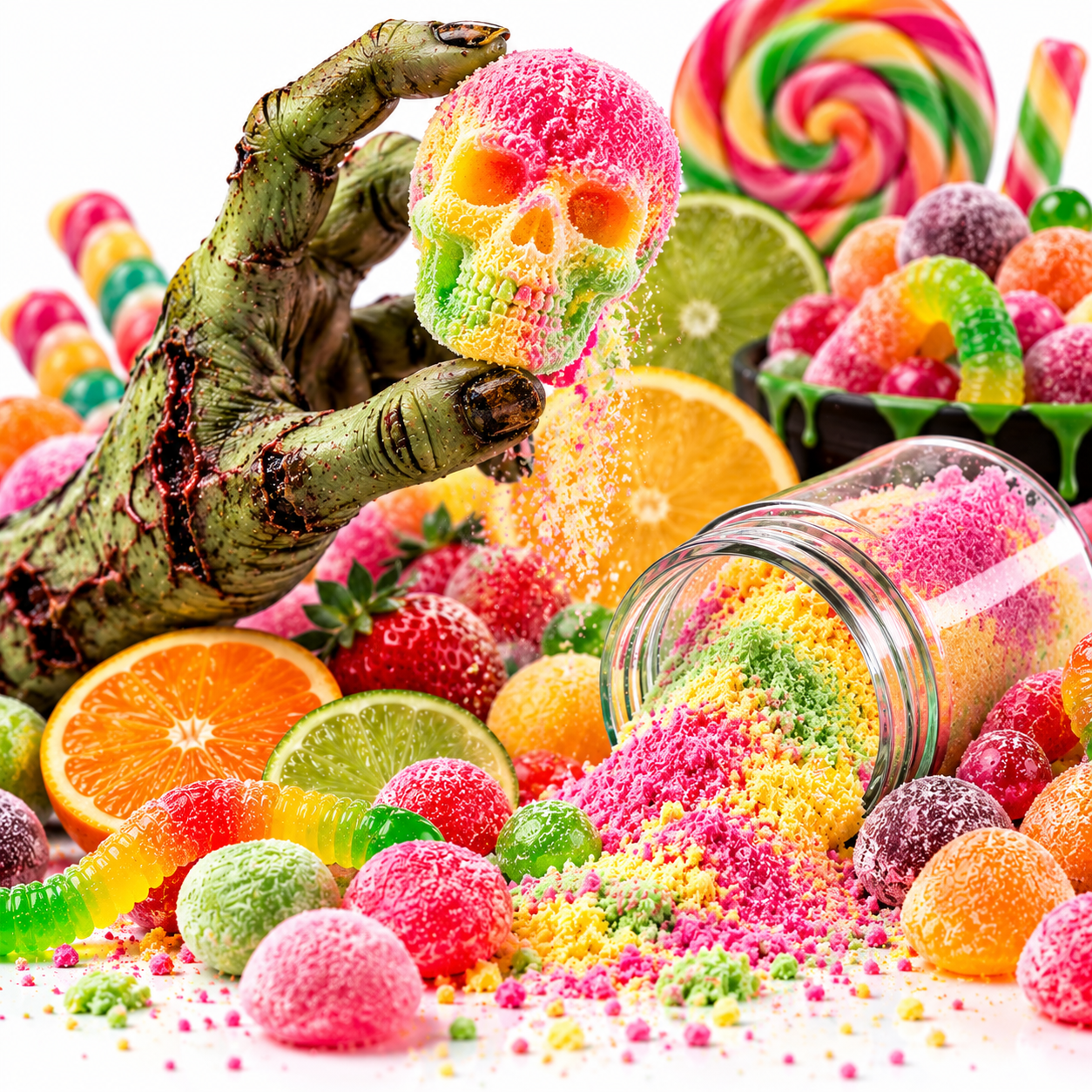 A Halloween-themed candy display featuring a green zombie hand holding a pink and green sugar skull candy, with colorful gummy candies, gummy worms, sliced oranges, limes, and a spilled jar of multicolored sprinkles on a white background.
