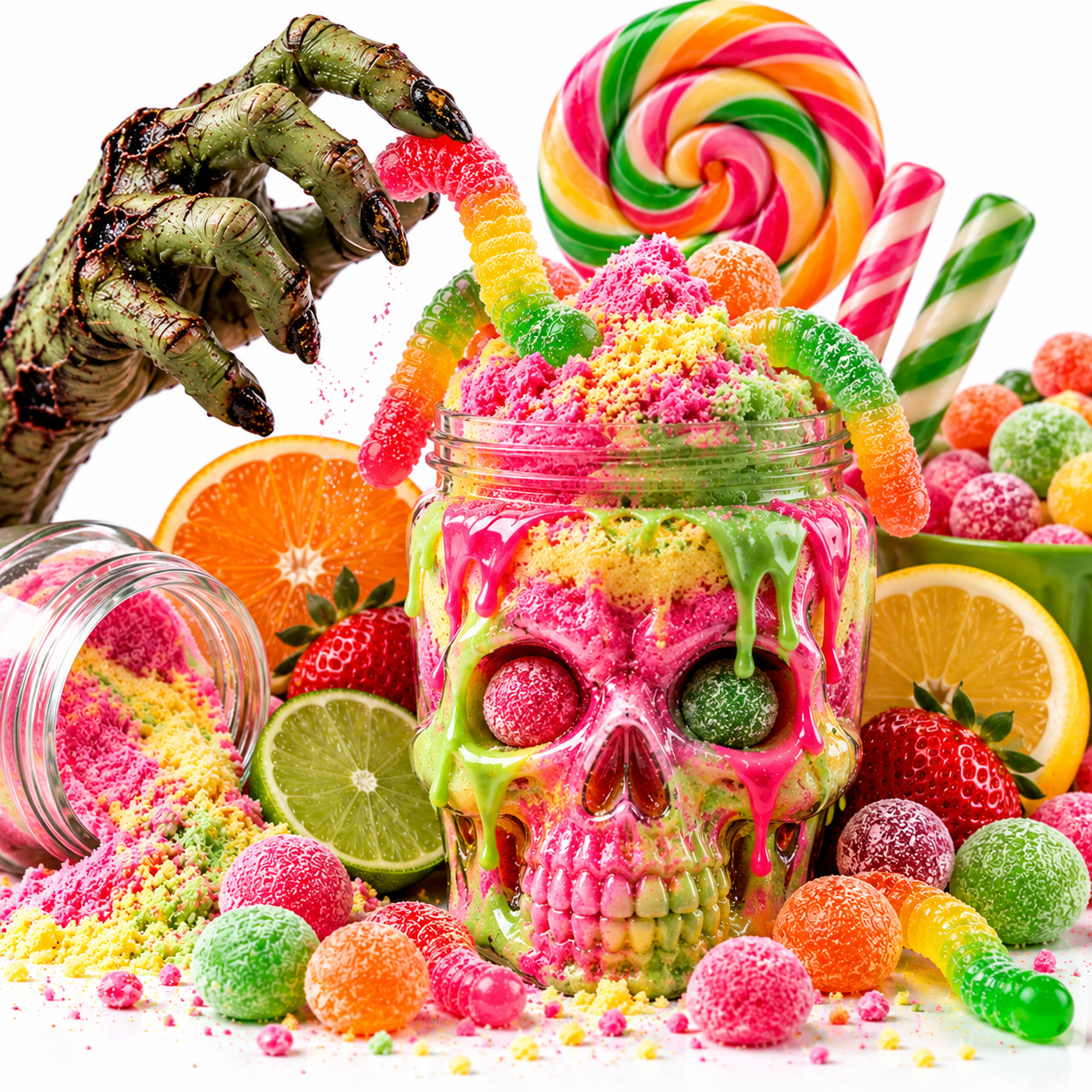 A vibrant and colorful Halloween-themed candy display featuring a skull-shaped jar filled with pink and green slime, gummy worms, and sprinkles, surrounded by an assortment of sweets, citrus slices, and a zombie hand on a white background.