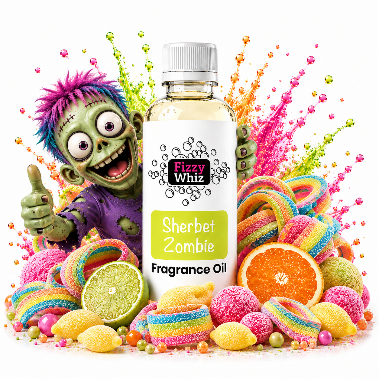 A bottle of Fizzy Whiz Sherbet Zombie Fragrance Oil surrounded by colorful candy, sliced oranges, limes, and rainbow sprinkles, with a zombie character on the left, all on a white background.