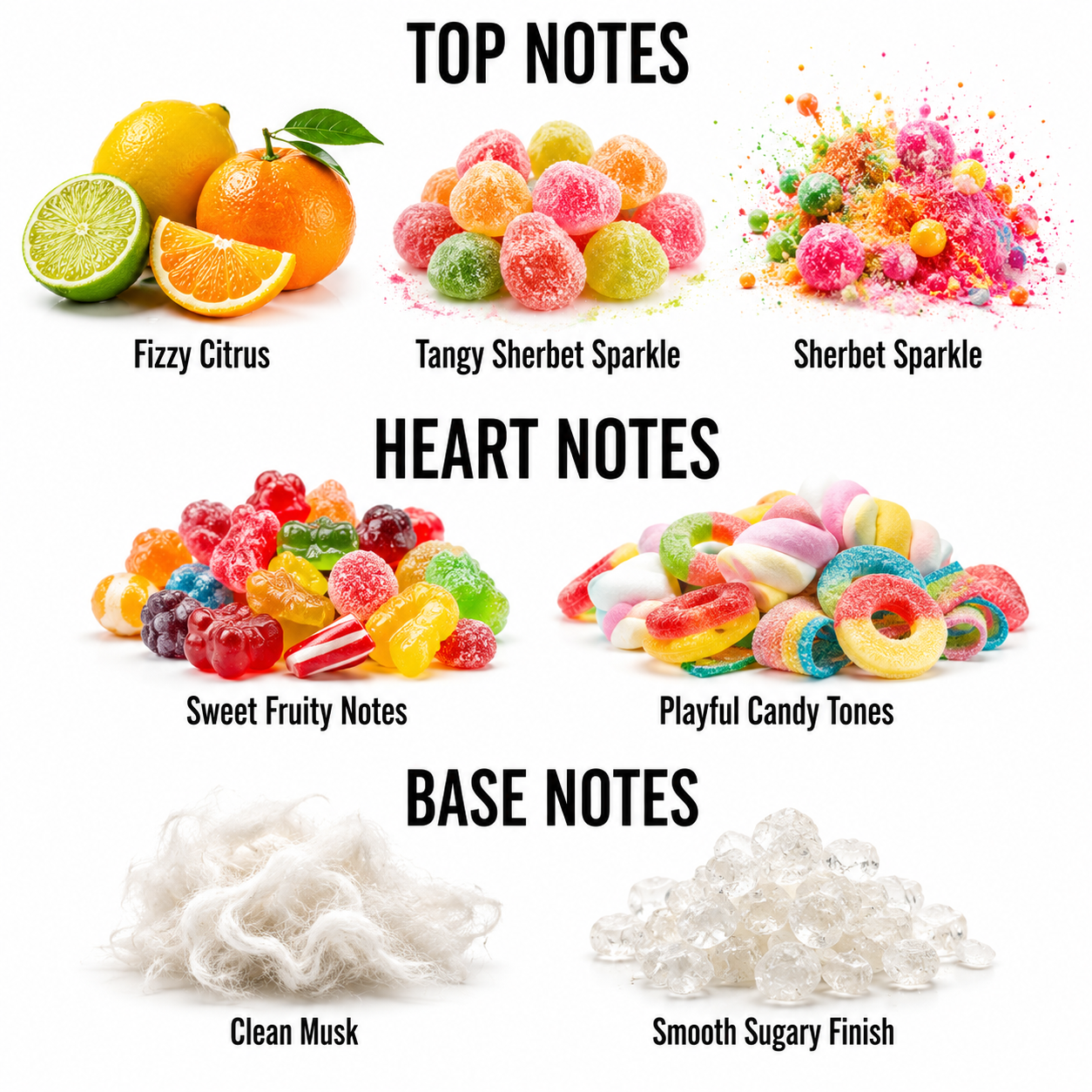 A fragrance notes graphic on a white background showing six piles of colorful candy and citrus slices labeled 'TOP NOTES' (Fizzy Citrus, Tangy Sherbet Sparkle, Sherbet Sparkle), 'HEART NOTES' (Sweet Fruity Notes, Playful Candy Tones), and 'BASE NOTES' (Clean Musk, Smooth Sugary Finish).